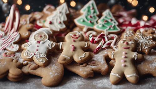 An assortment of Christmas cookies, from gingerbread men to candy-cane shapes, freshly baked and decorated.