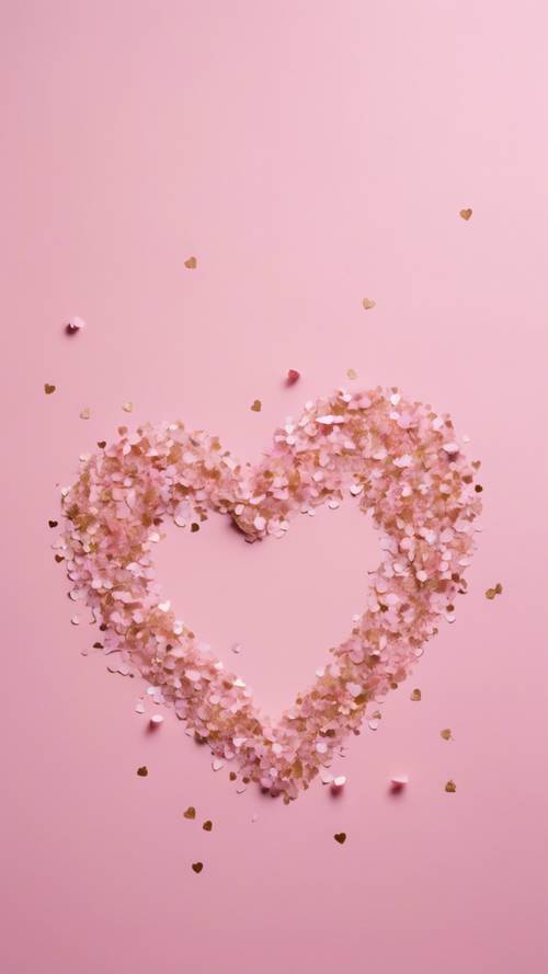 かわいいキャラクターのハート形の紙吹雪がピンクの柔らかい背景に１つ飾られた壁紙