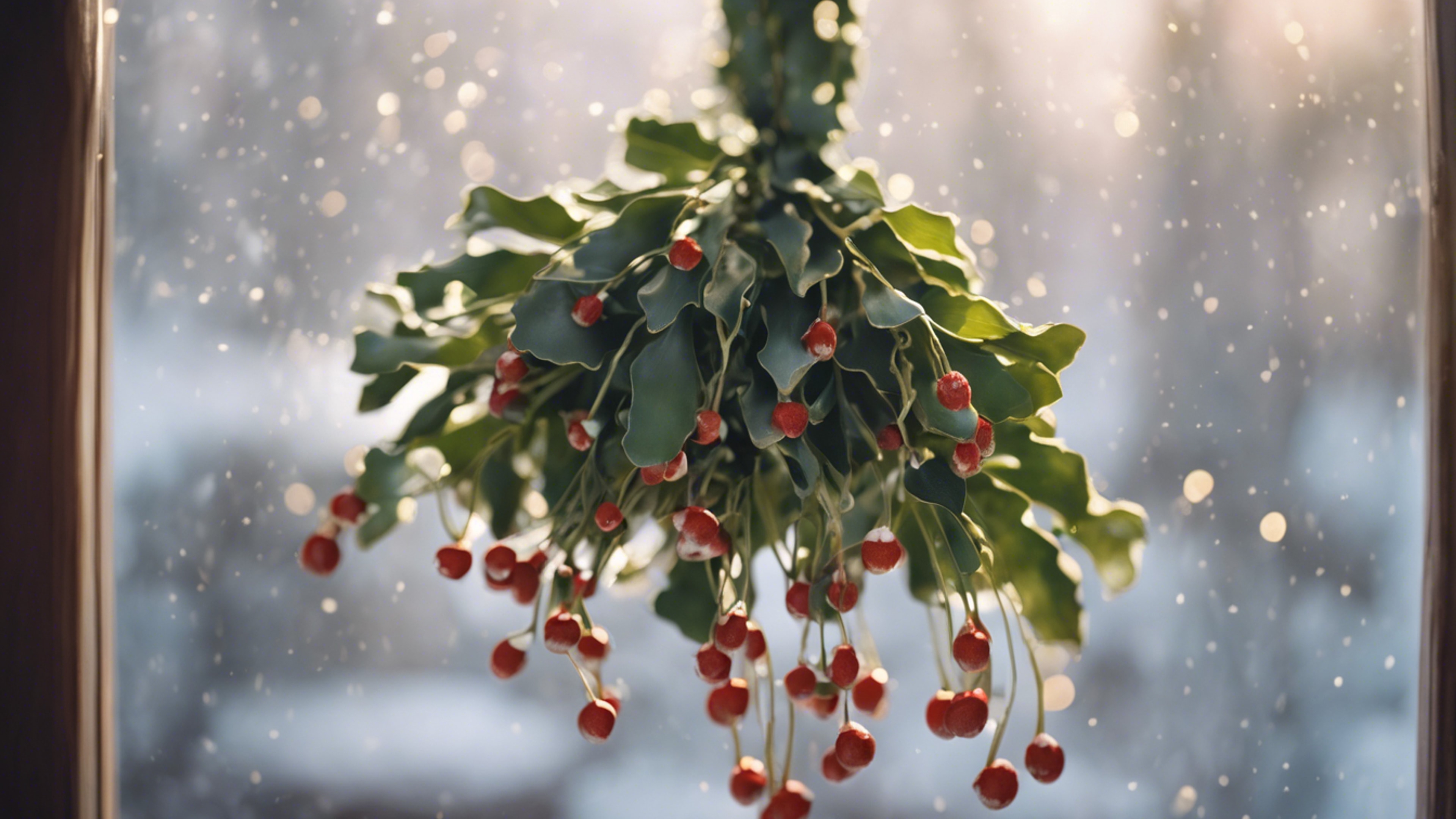 A bunch of mistletoe hanging from a door frame, welcoming family and love during winter. 벽지[d07c93d49c6843628fd5]