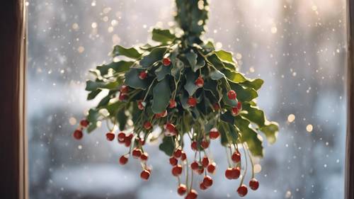 A bunch of mistletoe hanging from a door frame, welcoming family and love during winter.