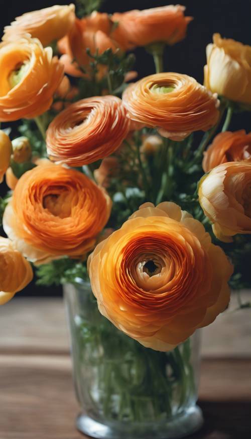 Um buquê de flores frescas de ranúnculo em vários tons de laranja e amarelo, dispostas em um vaso transparente.