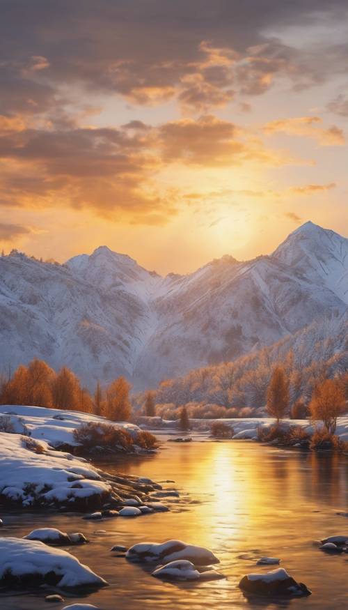 Um lindo pôr do sol pintando as montanhas nevadas de branco e dourado.