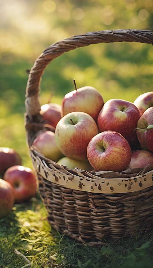 Keranjang kuno berisi berbagai jenis apel yang baru dipetik