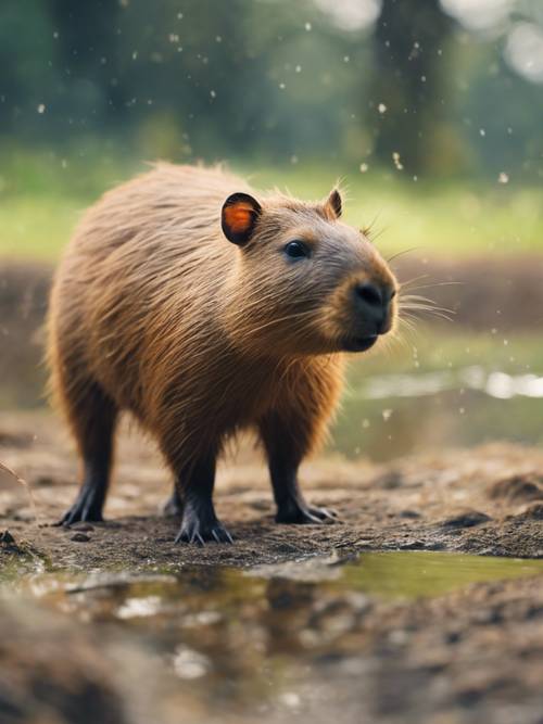 Un enfant capybara aventureux explorant un monde vaste et légèrement intimidant.
