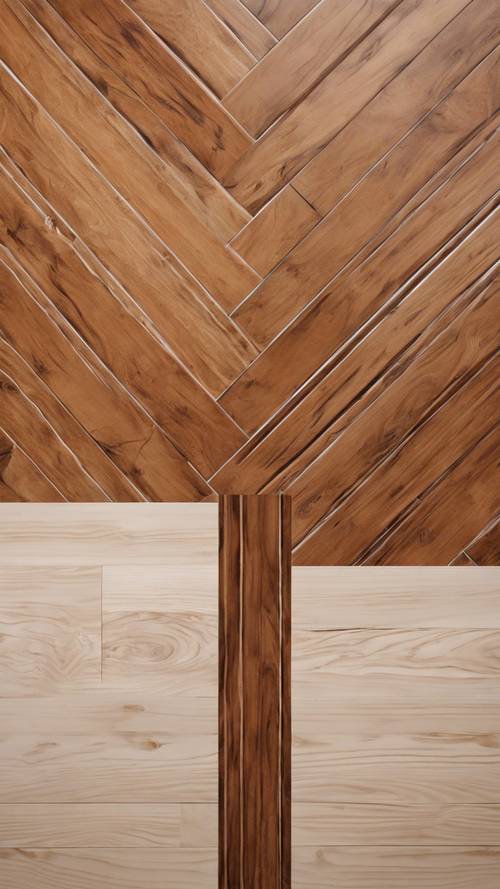 Uma vista superior de um piso de cozinha de madeira com um padrão de listras centrais.