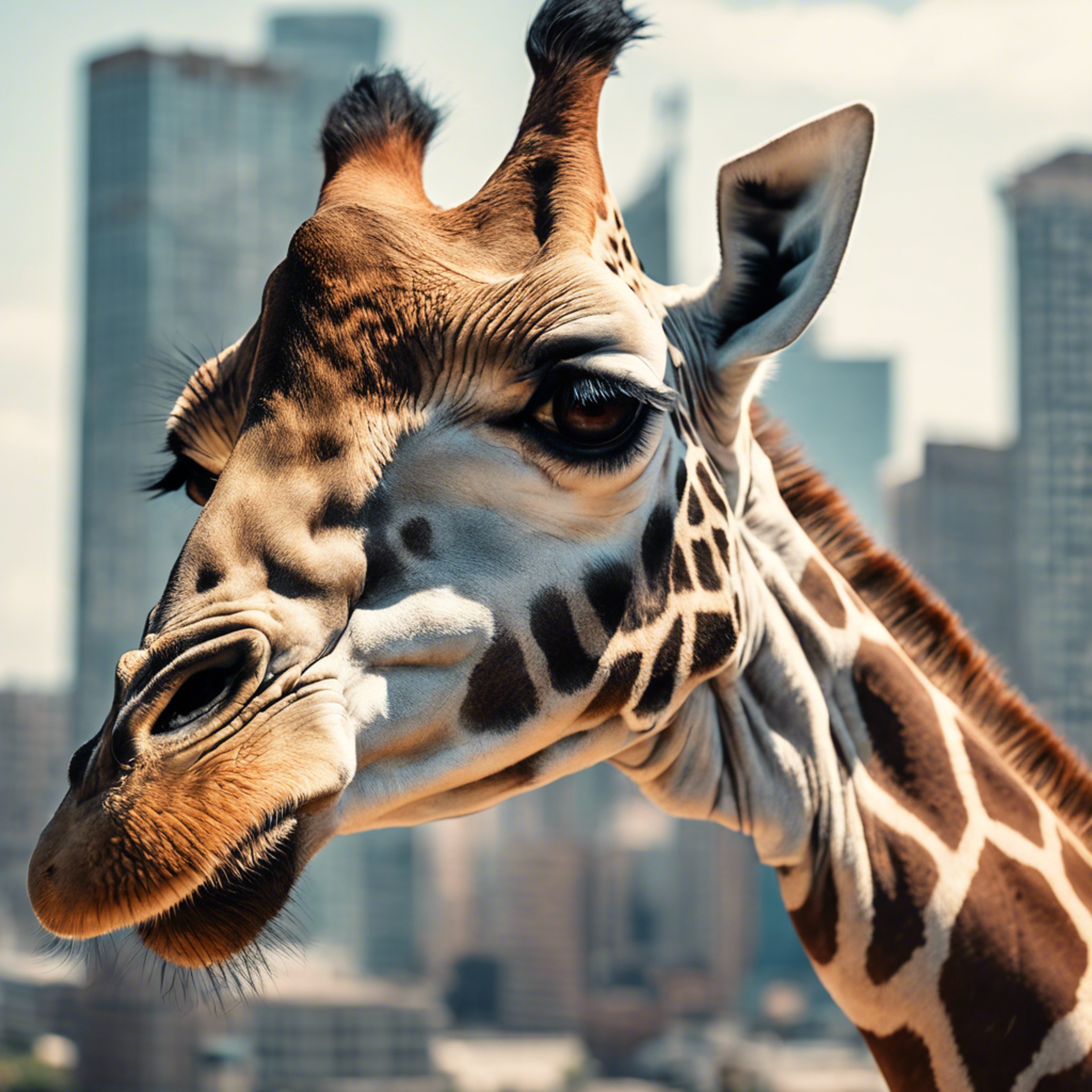 Illustration of a giraffe with a cityscape reflected in its eye. Tapet[07df3c2b5cb24fb9a513]