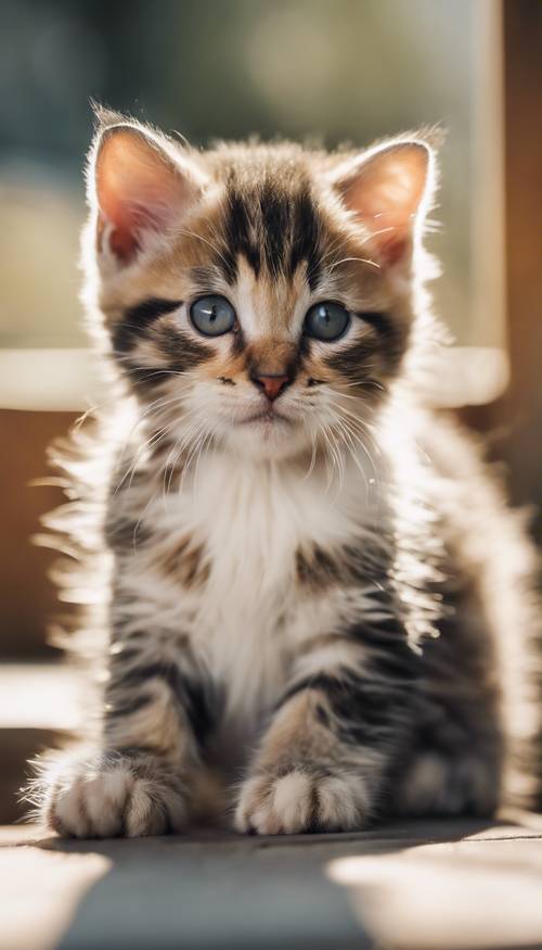 A stripy kitten with beige and white fur sitting with an innocent look in the brilliant sunlight. Ταπετσαρία [1ba1537215f34bac98b6]