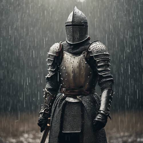 一位哥特骑士站在雨中，他的盔甲在微弱的灯光下闪闪发光。