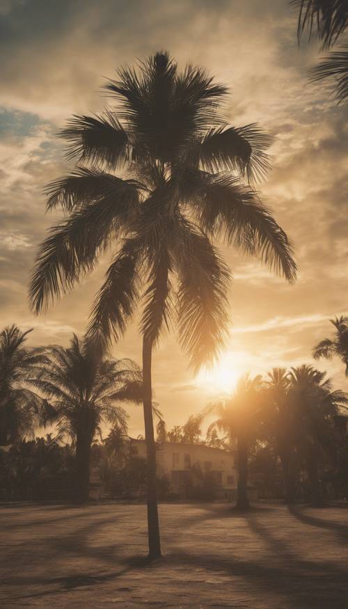 Kartu pos antik yang menampilkan pohon palem yang menjulang tinggi menghadap matahari terbenam.