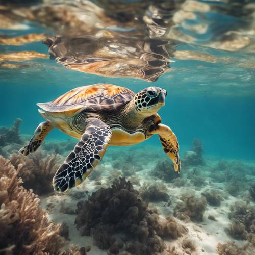 Uma tartaruga marinha Hawksbill perseguindo uma água-viva em uma cena subaquática durante um dia ensolarado.