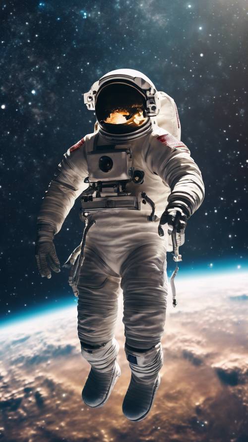 在繁星点点的夜晚，一名宇航员漂浮在浩瀚的外太空中。