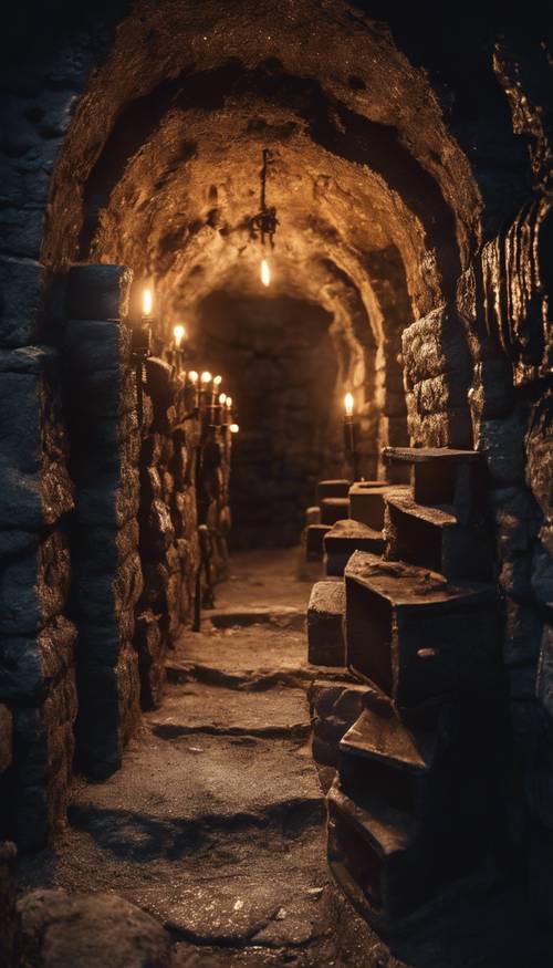 An underground dungeon illuminated by flickering torches. Tapeta [4510f2e49e284dcd9c1c]