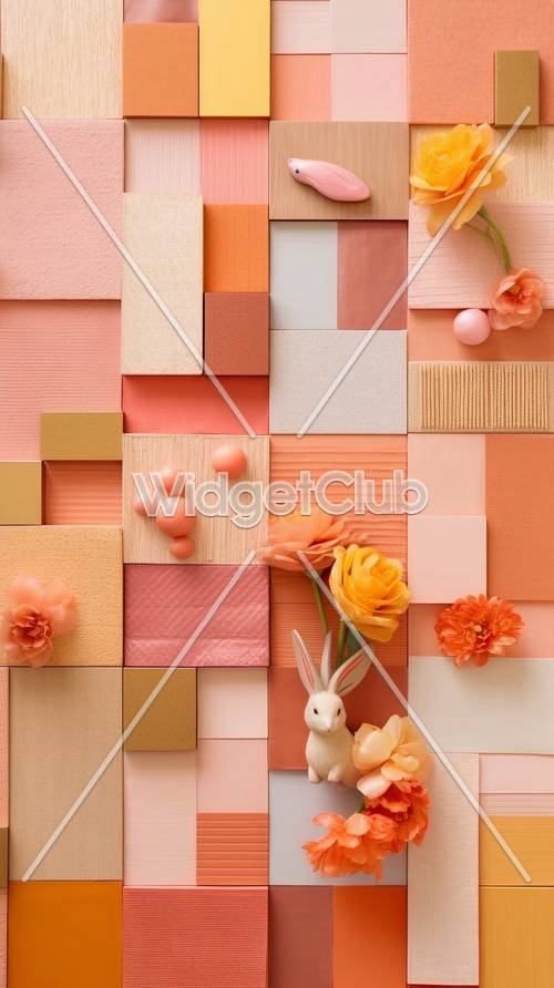粉紅色和橙色色調與兔子和花朵