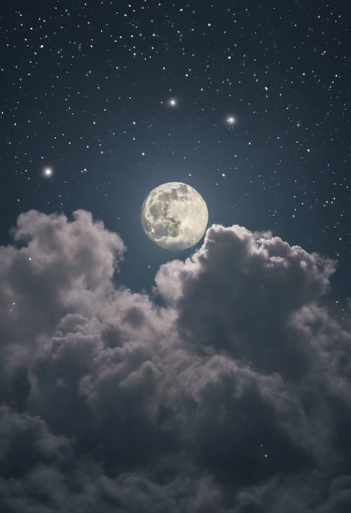Pemandangan tenang yang menampilkan bulan berkilauan menembus awan di malam mendung dan diterangi bintang.