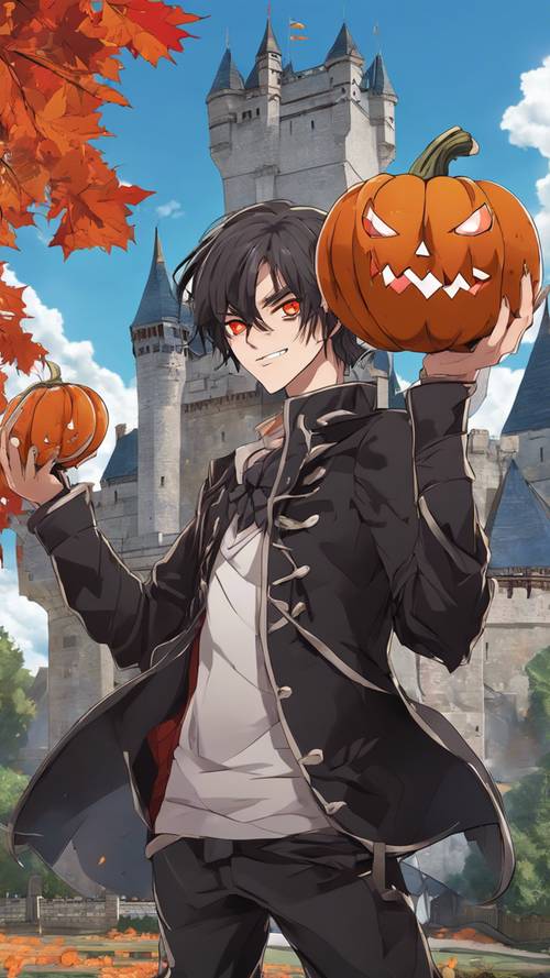 Anime style young vampire with red eyes and fang, holding a pumpkin in front of a castle.