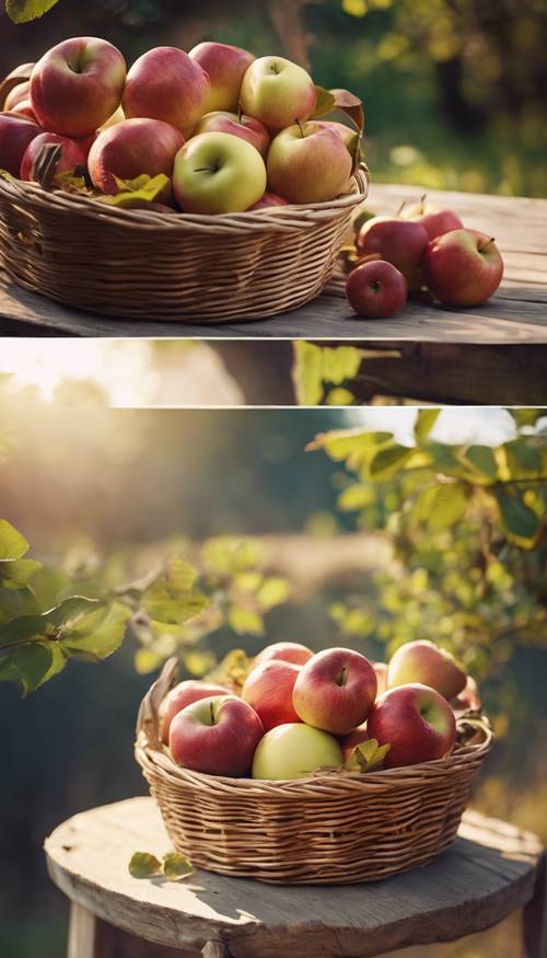 在温暖、柔和的早晨阳光下，经典的法式水果篮里放着多汁的苹果。
