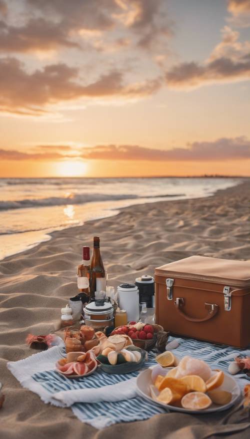 A preppy picnic setup on the beach during a beautiful sunset over the ocean.