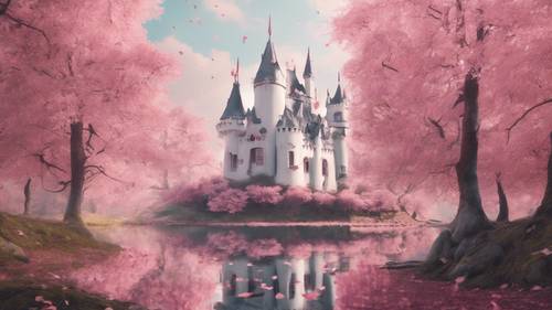 Un bosque caprichoso con hojas de color rosa fresco que caen alrededor de un castillo blanco de cuento de hadas.