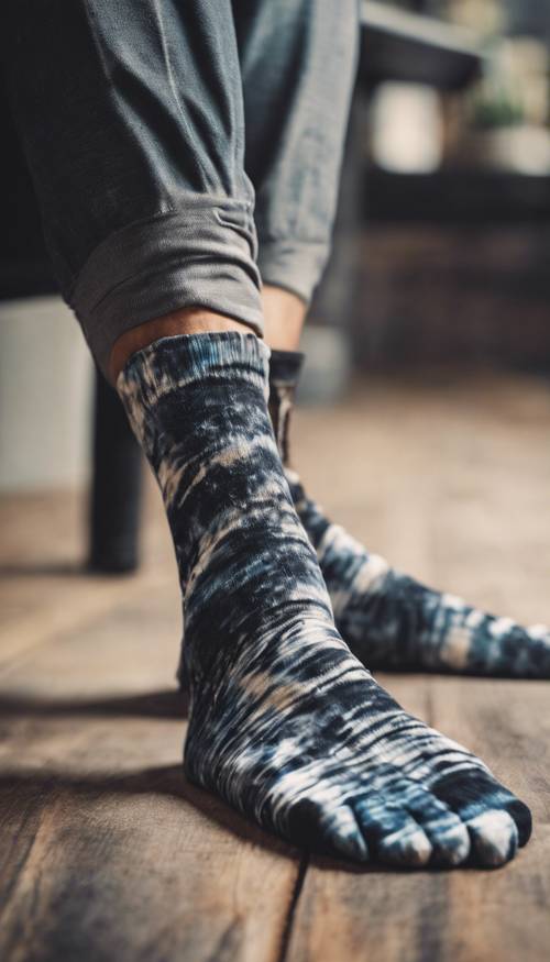A pair of black tie dye socks with an all-over crumpled pattern.