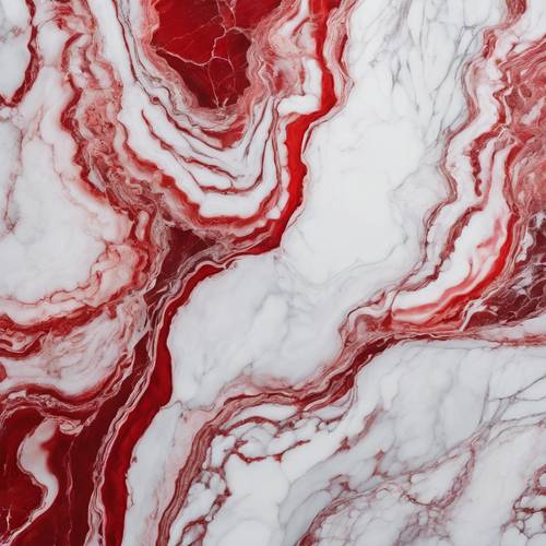 Padrões fluidos de vermelho misturados com branco puro em uma textura de mármore.