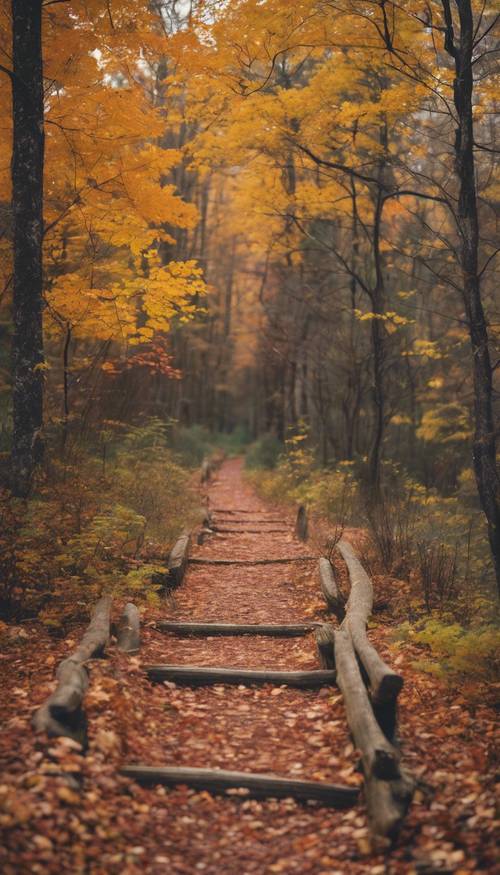 Un sendero para caminatas vacío rodeado de colores otoñales, capturado el día de Acción de Gracias.