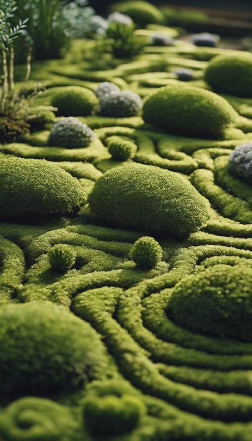 A tranquil morning scene of a Zen garden, with distinctly manicured patterns on a bed of moss grass.