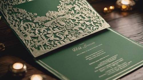 Thiệp cưới in nổi trên giấy gấm hoa màu xanh lá cây tinh xảo.