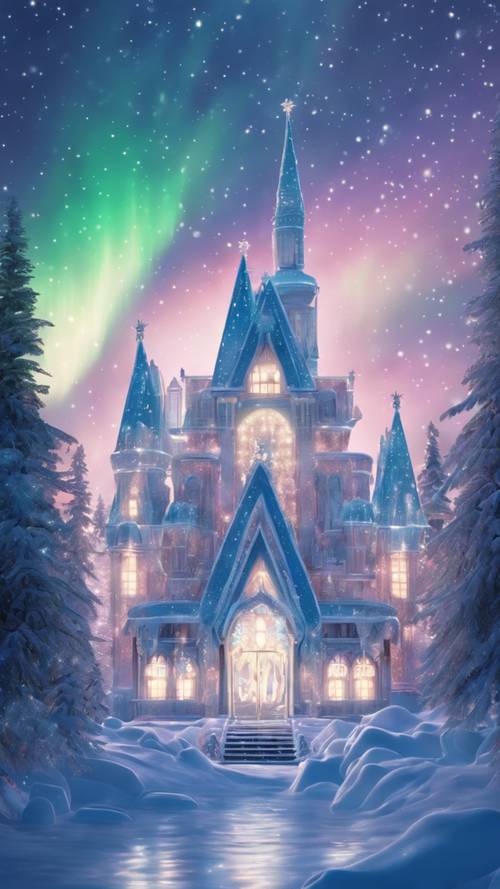 Gambar bergaya anime tentang istana es yang berkilauan di bawah cahaya utara pada malam Natal.