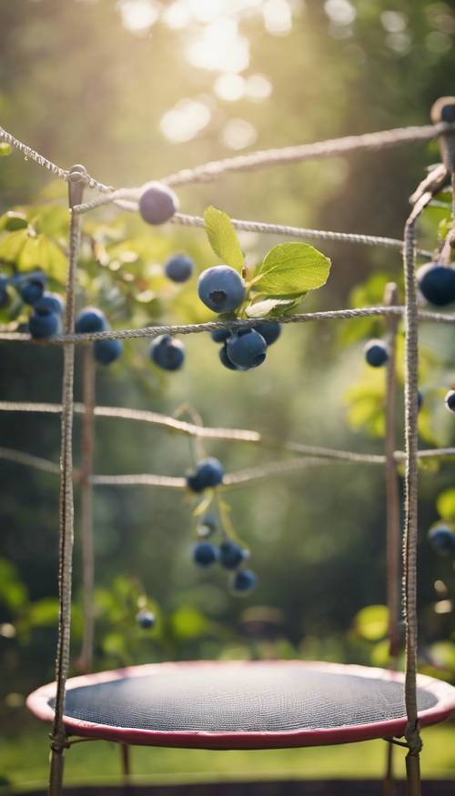 Blueberry energik memantul di atas trampolin dalam suasana taman yang kuno.