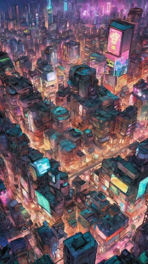 Một cái nhìn toàn cảnh chi tiết về một thành phố cyberpunk rộng lớn, đông dân cư, được chiếu sáng bằng đèn neon.