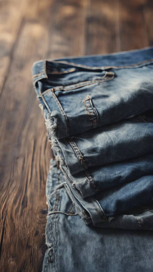 A pair of classic blue denim jeans on a wooden floor under a soft morning sunlight. Tapeta [12a355a826e04606978f]