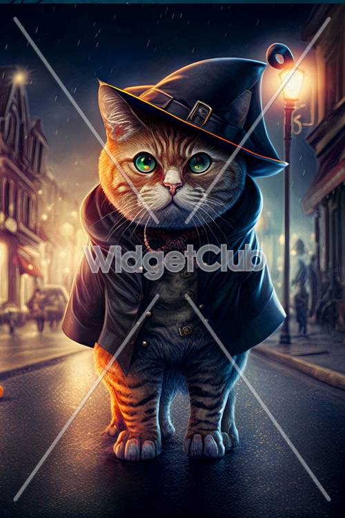Detective Cat in Rainy City Street