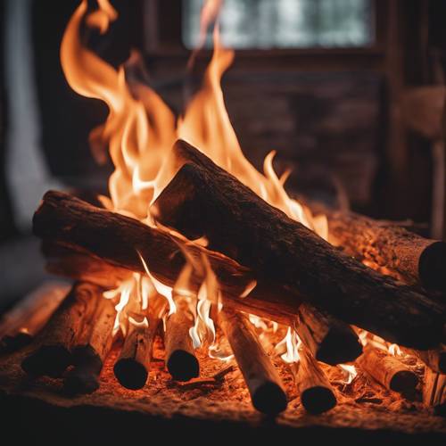 暖炉の中で踊るオレンジの炎と木材を囲んだ壁紙