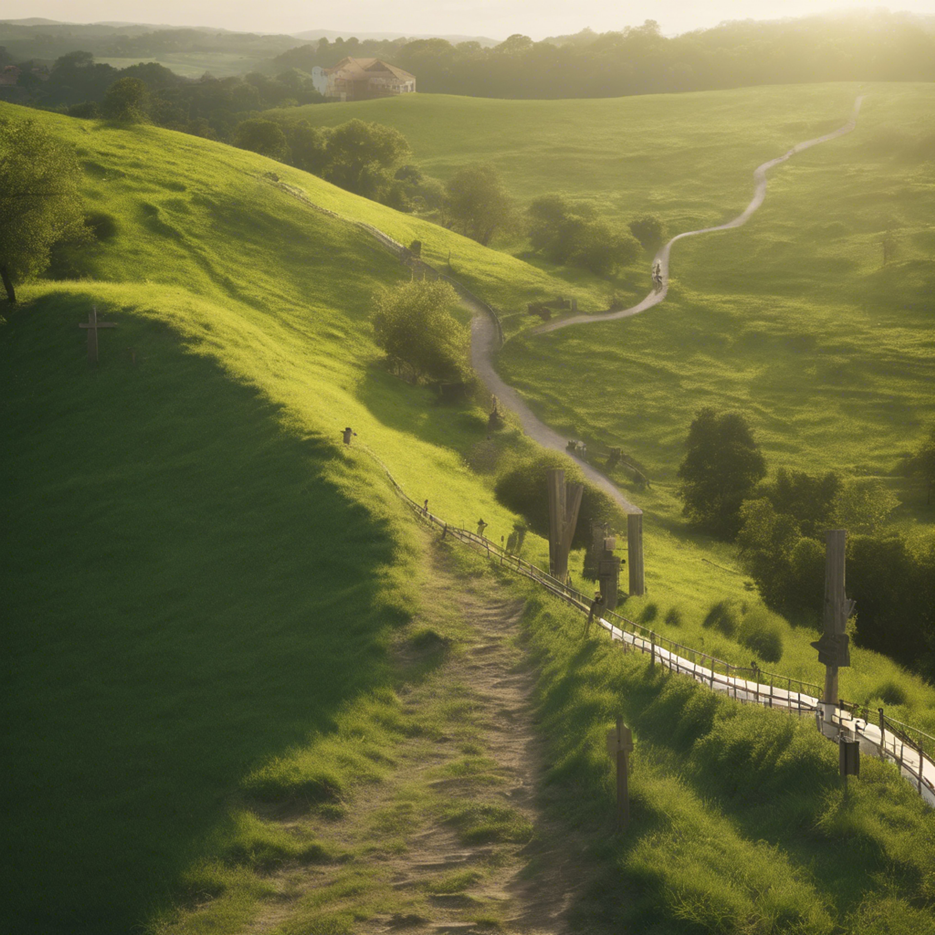 Late afternoon view of the curving trail of Stations of the Cross ascending a lush green hill. Wallpaper[a8d18ad78e49486e9b75]