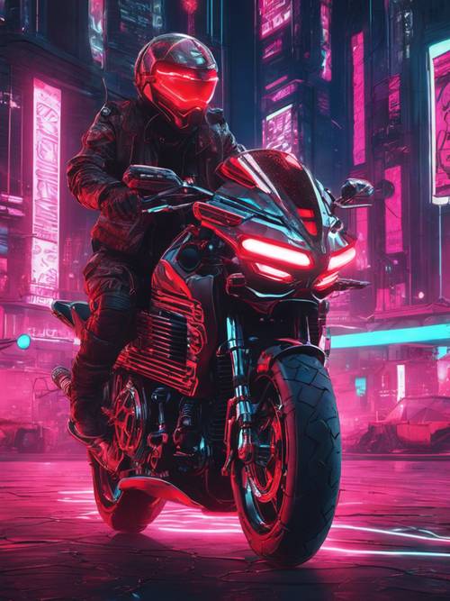 A futuristic motorbike with gleaming red lights on a black underbelly zooming through a cyberpunk city.
