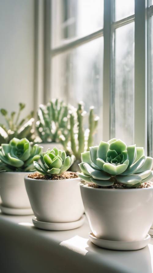 明るい緑の多肉植物が白い陶器の鉢に並んで、日当たりの良い窓辺