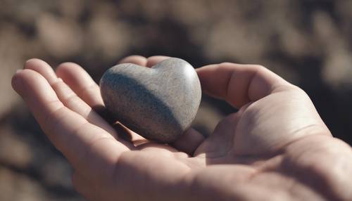 Une main tenant un galet unique en forme de cœur naturel.