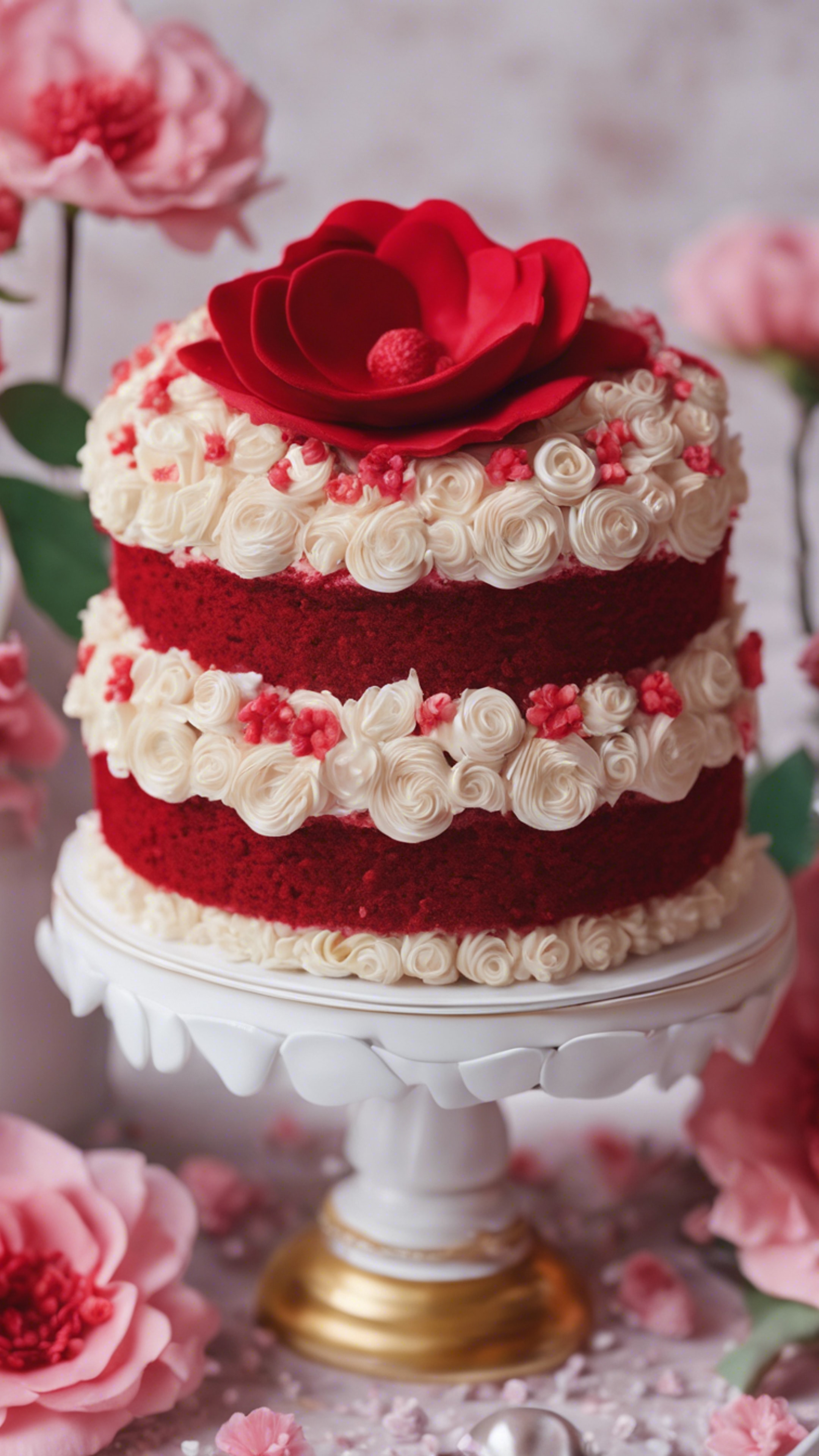 A kawaii red velvet cake decorated with intricate icing flowers. Wallpaper[322bdbd4c9bb4e1a9dd6]