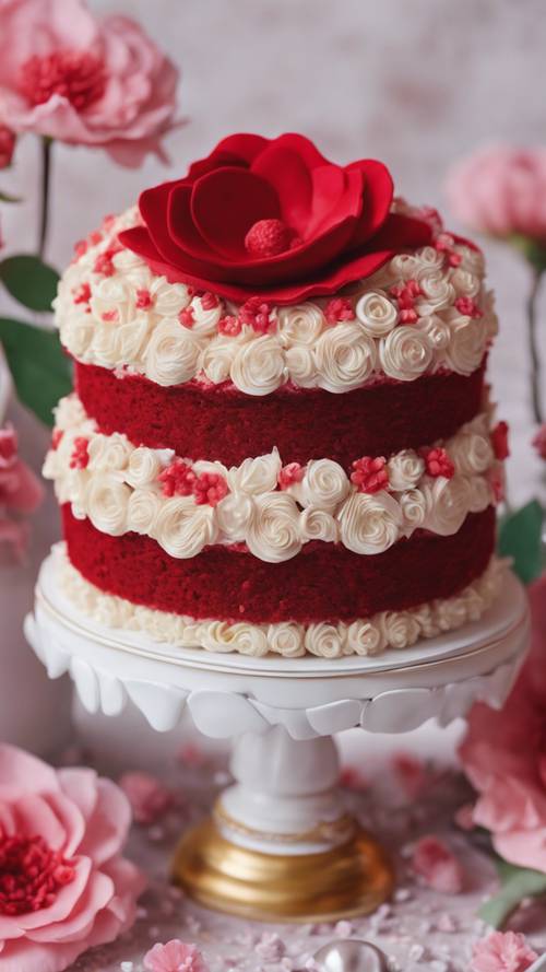 A kawaii red velvet cake decorated with intricate icing flowers.