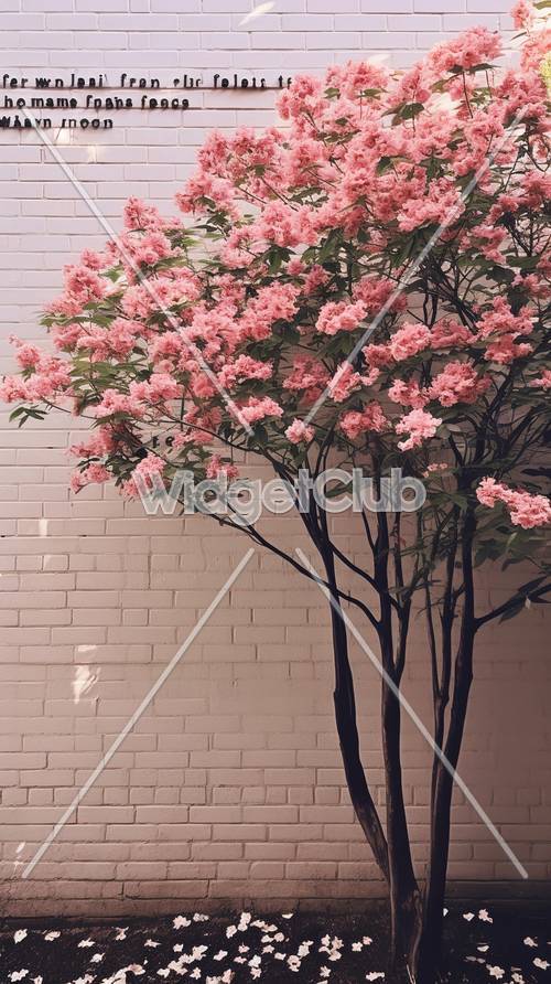 분홍색 꽃과 흰색 벽돌 벽