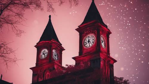 Виньетка с видом на красную готическую башню с часами, освещенную лунными лучами