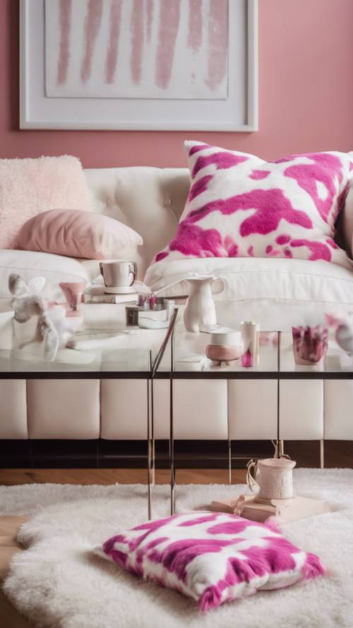 Un soggiorno suburbano con cuscini rosa con stampa di mucche su un morbido divano bianco.