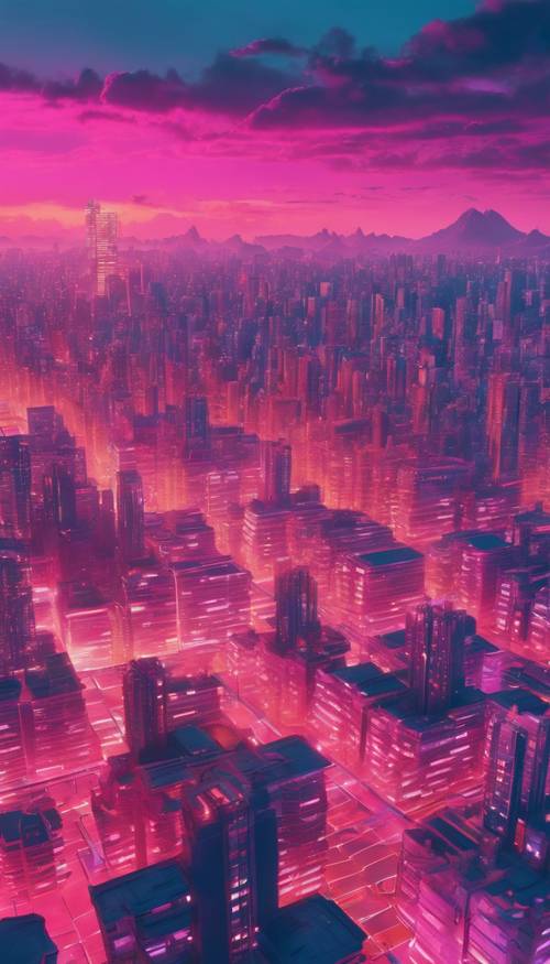 Ein lebendiger Sonnenuntergang über einer niedrig aufgelösten 3D-Stadtlandschaft in Vaporwave-Ästhetik.