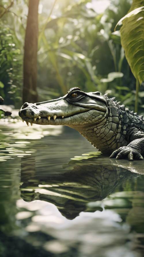 A peaceful scene of a crocodile blending seamlessly with nature in a detailed botanical garden.