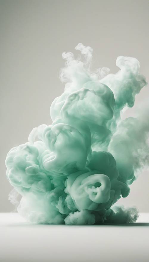 Abstract shapes formed from mint green smoke billowing against an eggshell white backdrop.