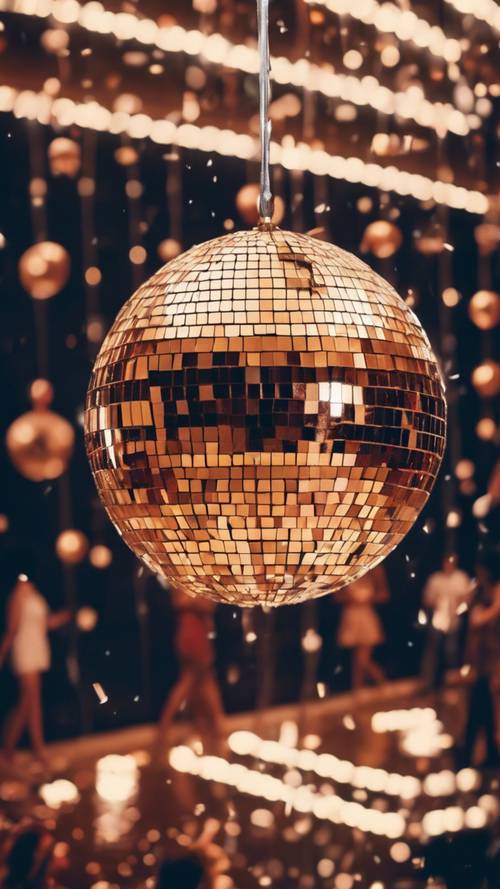 A bustling 70s disco party with a glittering mirror ball hanging from the ceiling.