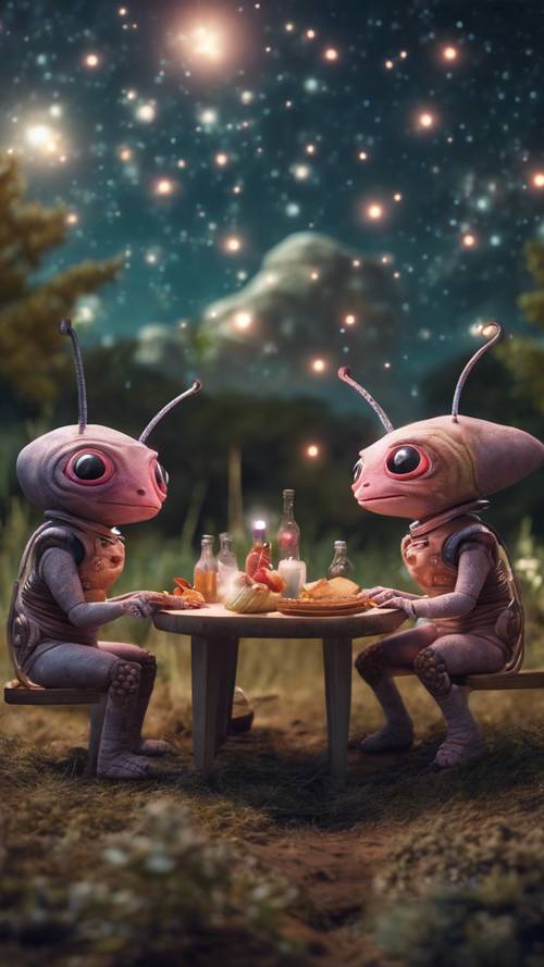 Un grupo de juguetones bichos extraterrestres haciendo un picnic bajo el cielo estrellado de un planeta lejano