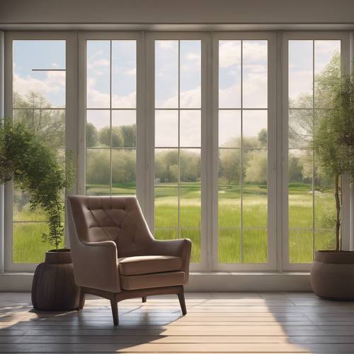 A lone reading chair by a window overlooking a serene spring landscape, depicting a peaceful and minimalist portrait.