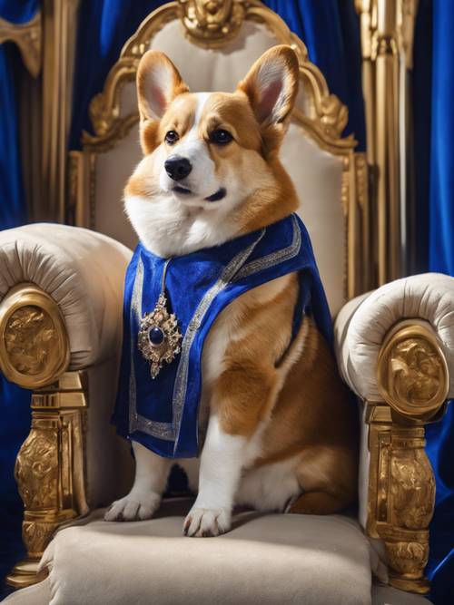 Un corgi regale su un trono reale, circondato da lussuose tende blu royal.