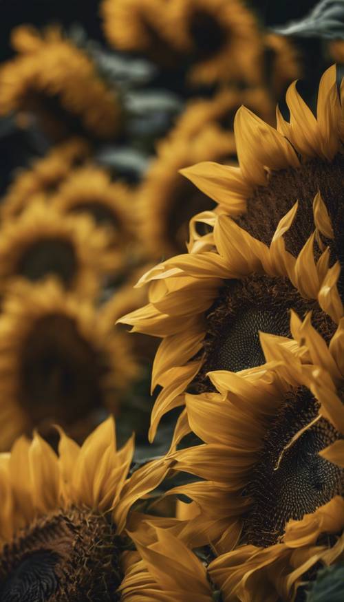Tampilan jarak dekat dari kelopak bunga matahari berwarna kuning tua. Wallpaper [a7c271be85fd4180b24a]